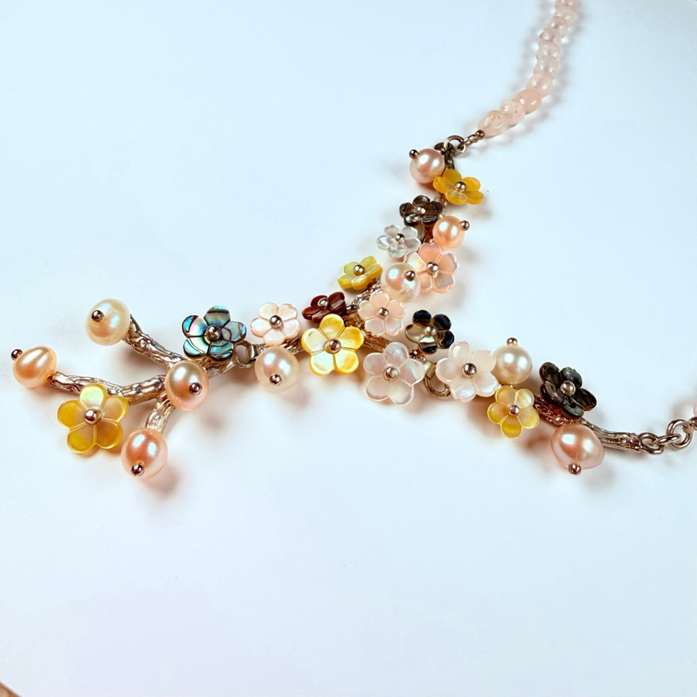 Whitney Kelly Rose Quartz MOP Pearl Mosaic Flower Sterling Silver 925 Necklace - Picture 7 of 12